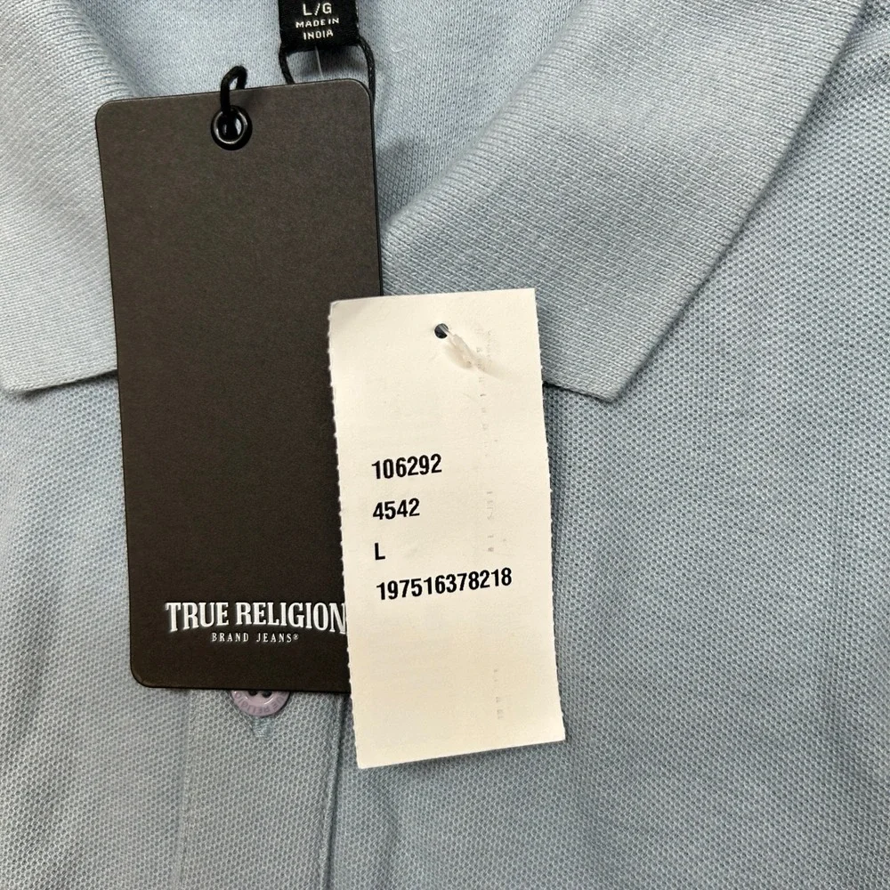 True Religion Polo Shirt‎ Mens Large Sky Blue Damask Logo Tape Trim $79 NEW